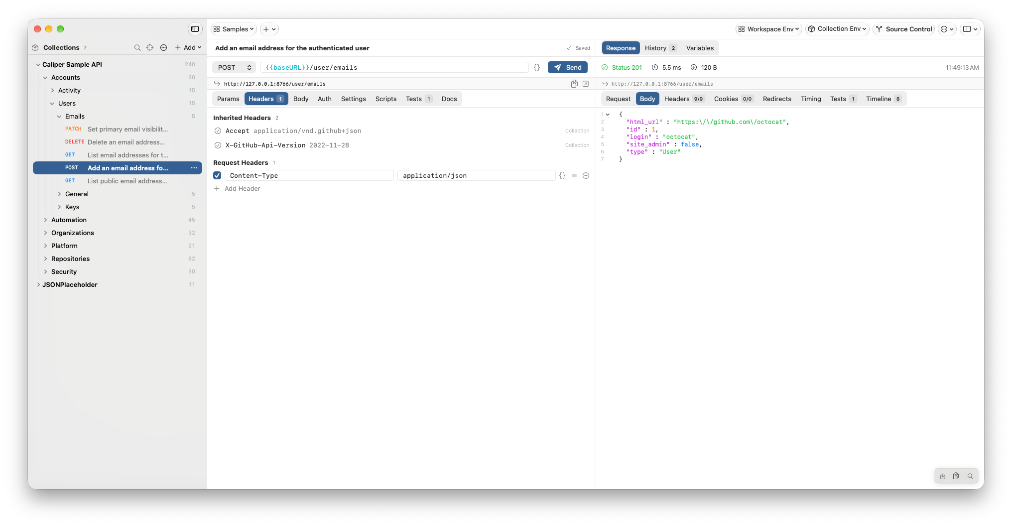 Caliper workspace with a request editor and response panel